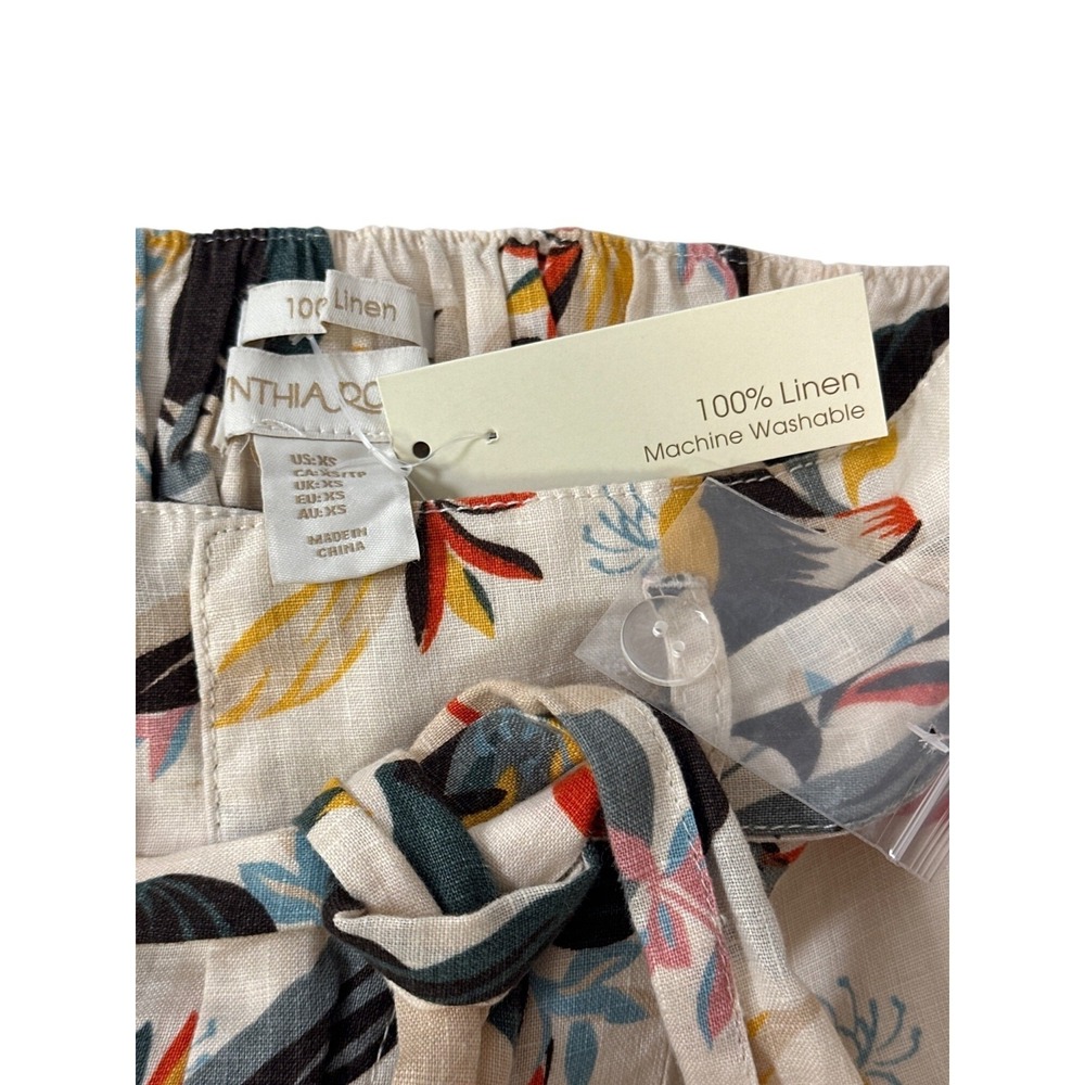 Cynthia Rowley XS Floral Linen Shorts With Tie Waist Elastic Back Pockets & Trop - Picture 3 of 5